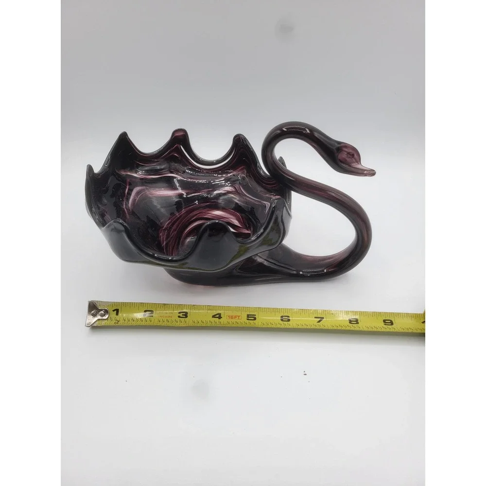 Vintage Amethyst Purple Slag Art Glass Swan Scalloped Ruffled Edge Bowl 9 Inch